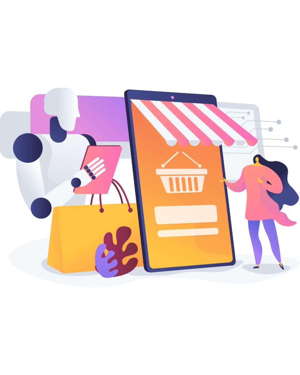 A graphic of a stylized robot sitting behind an oversized screen made to look like a storefront, holding a clipboard. A person stands in front of the screen, presumably browsing. (Graphics Editor / Alexander Cruz)
