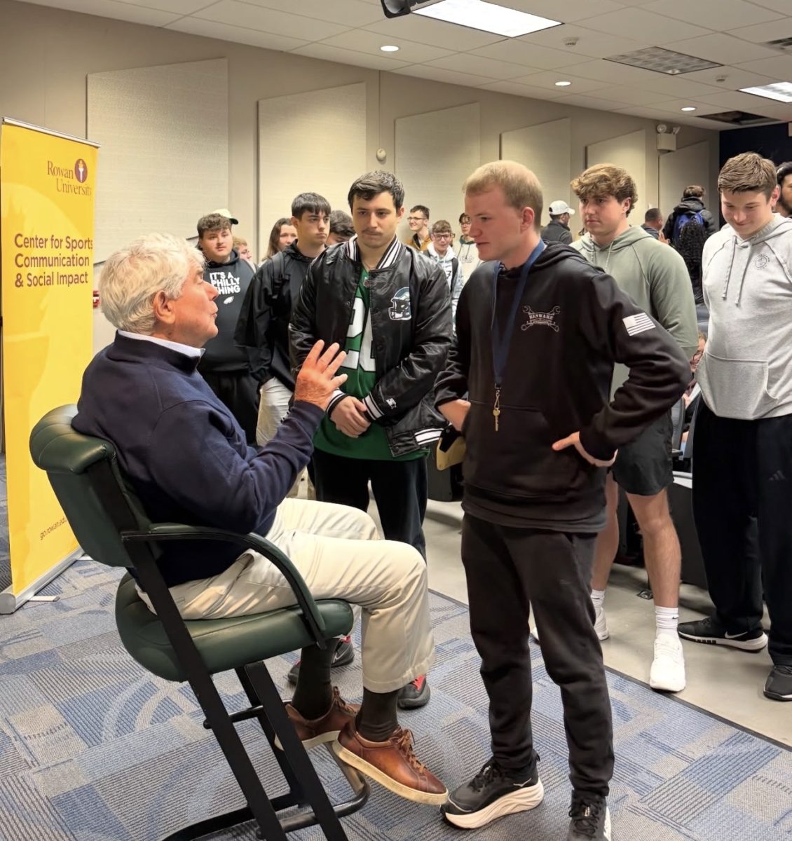 Merrill Reese talks to students after his Pizza with the Pros talk. Glassboro, N.J. Monday, March 23, 2026. (@rowansportscam on Instagram)