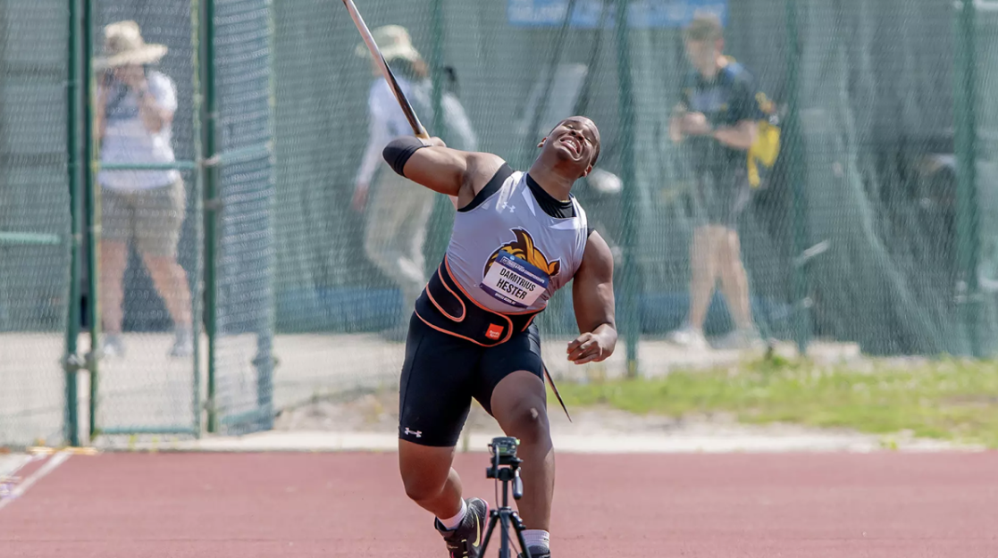 Damitrius Hester throws the javelin. Galloway, N.J. Saturday, March 21, 2026. (Rowan Athletics)