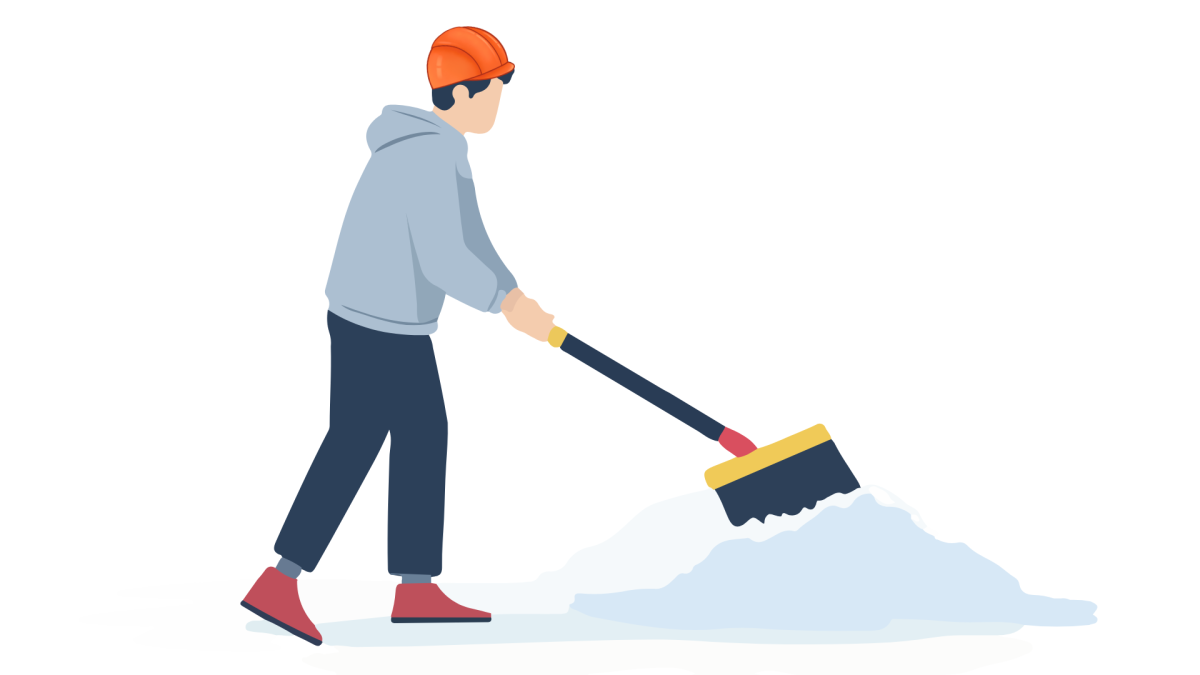 Graphic of a man shoveling snow in an orange hard hat. (The Whit Staff)