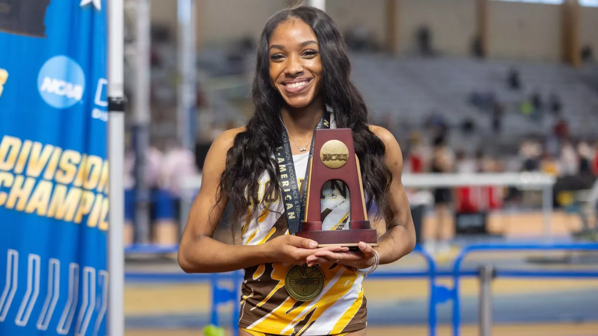 Nyla Jones with her 60 meter hurdles trophy at the NCAA Championships. Birmingham, Ala. Saturday, March 14, 2026. (Rowan Athletics)