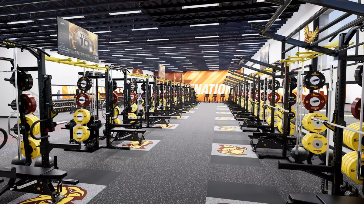 Rendering of the new weight room inside Esbjornson Gymnasium. (Rowan Athletics)