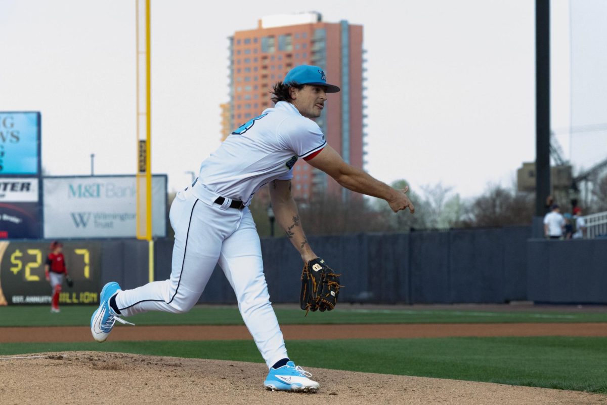 Riley Maddox pitches on the mound. Wilmington, Del. Saturday, April 4, 2026. (Sports Photographer / Lydia FitzGerald)