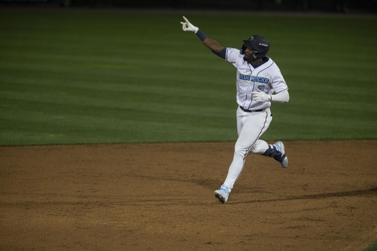 T.J. White celebrates after his game-tying two run home run. Wilmington, Del. Friday, April 17, 2026. (Ryan Griffith)