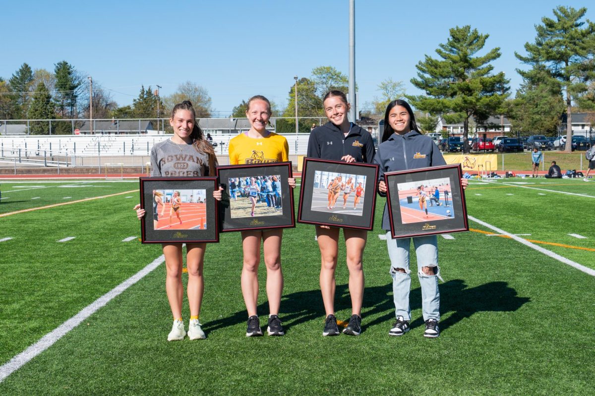 From left to right, seniors Gianna Burgio,  Issy Smith, Ally Wernik, and Gabriella Pagano. Glassboro, N.J. Saturday, April 11, 2026. (Sports Photographer / Trevor Miceli)