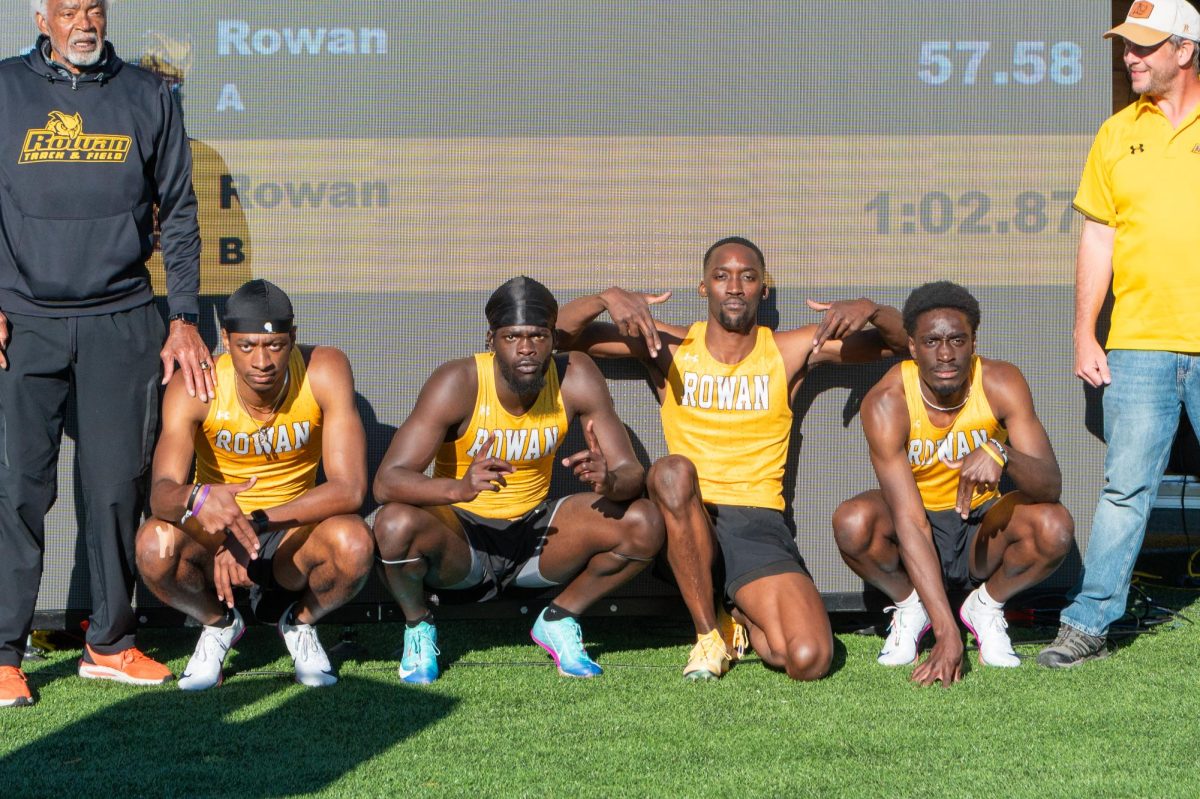 The record-setting 4x110 meter shuttle hurdle relay Anaias Hughes, Val Augustin, Kwaku Nkrumah, and Jason Agyemang. Glassboro, N.J. Saturday, April 11, 2026. (Sports Photographer / Trevor Miceli)