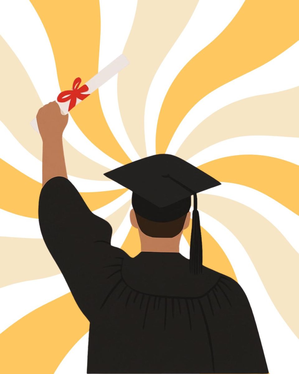 A graphic of a student in graduation regalia holding a diploma above their head, set against a swirly yellow background. (Graphics Editor / Alexander Cruz)