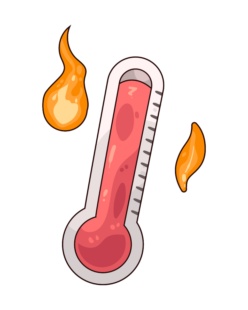 A graphic of a thermometer with the temperature all the way to the top. There are two fire symbols to the left and right of the thermometer. (Graphics Editor / Alexander Cruz)