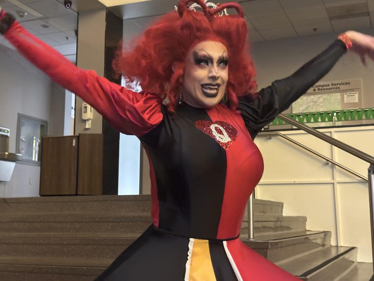 Ophelia Bawdy, 38, opens the second round of drag performances in her Queen of Hearts themed outfit. April 17, 2026. (Staff Writer / Seamus Tierney)