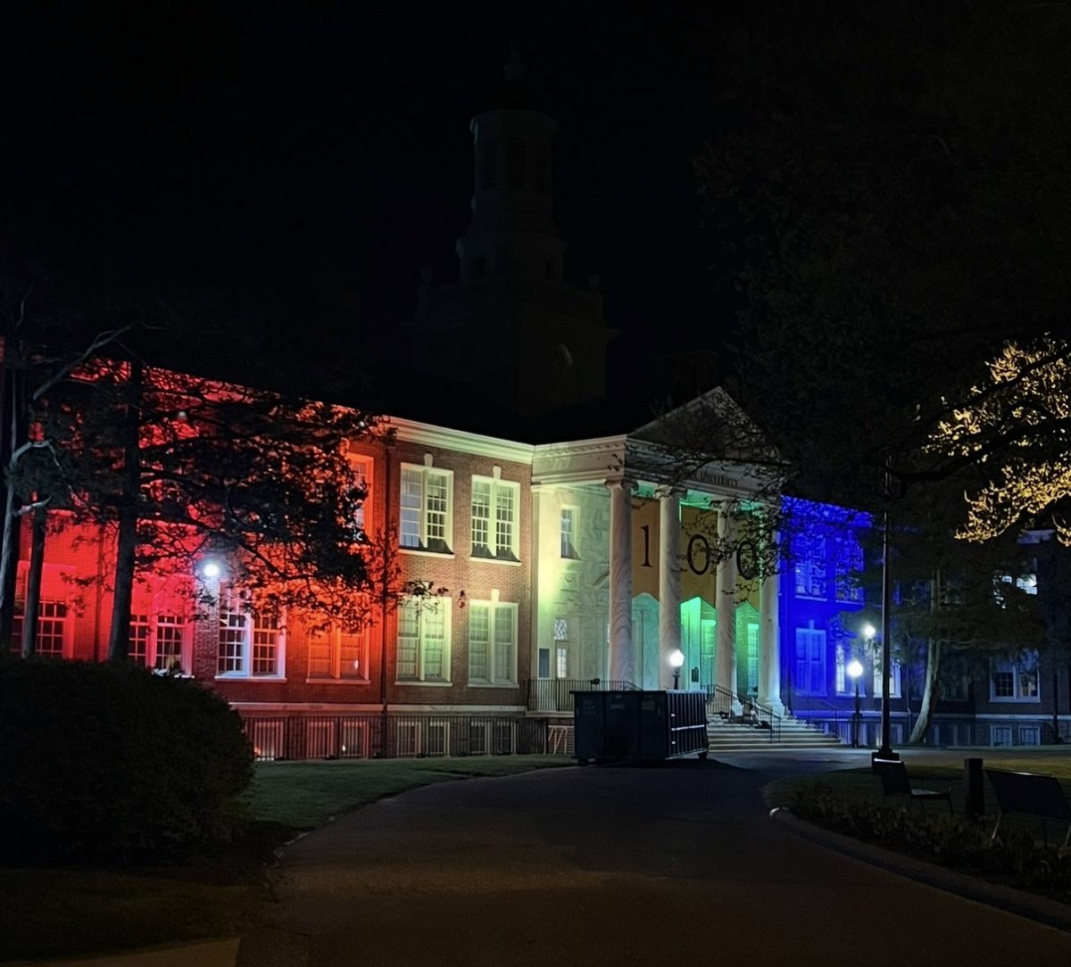 Bunce Hall illuminated in pride colors for GAYpril. April 15, 2024. (Editor-in-Chief / Beth Cimaglia) 