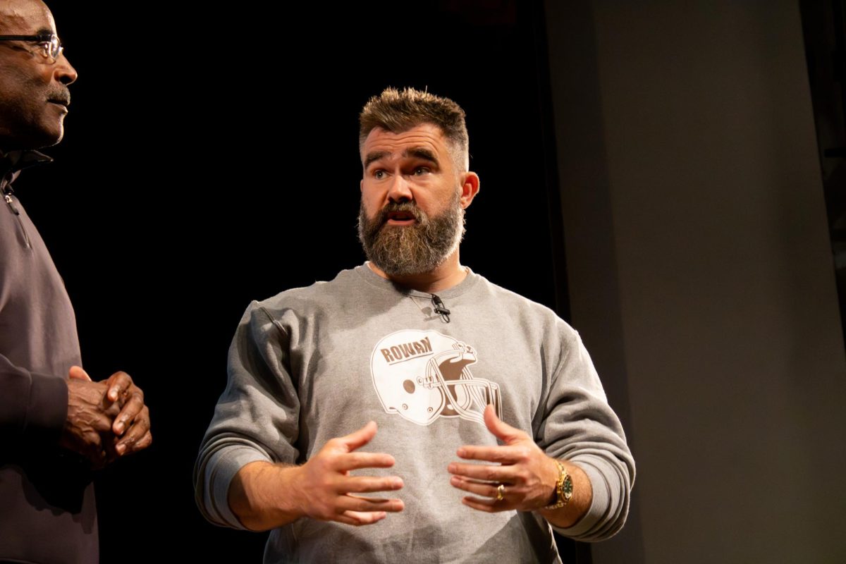 Jason Kelce speaks at Pfleeger Concert Hall. Tuesday, April 21, 2026. Glassboro, N.J. (Staff Photographer / Melanie Barahona)