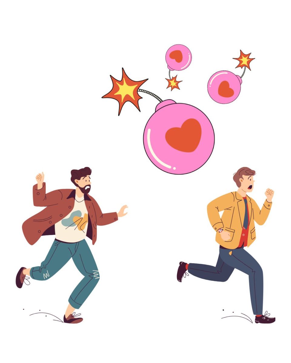 A cartoon graphic of a man chasing another man, with lit "love-bombs" above them. (Graphics Editor / Alexander Cruz)