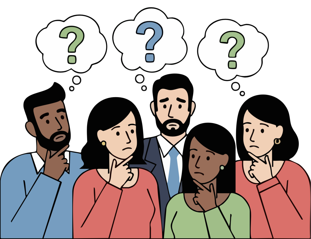 A graphic made on Canva of a group of five people facing the front with thought bubbles above their heads. The thought bubbles contain question marks. (The Whit Staff).