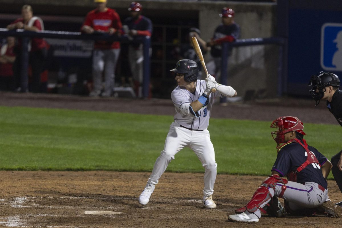 Devin Fitz-Gerald up to bat. Fitz-Gerald hit a leadoff home run on Wednesday against Hub City. (Ryan Griffith)