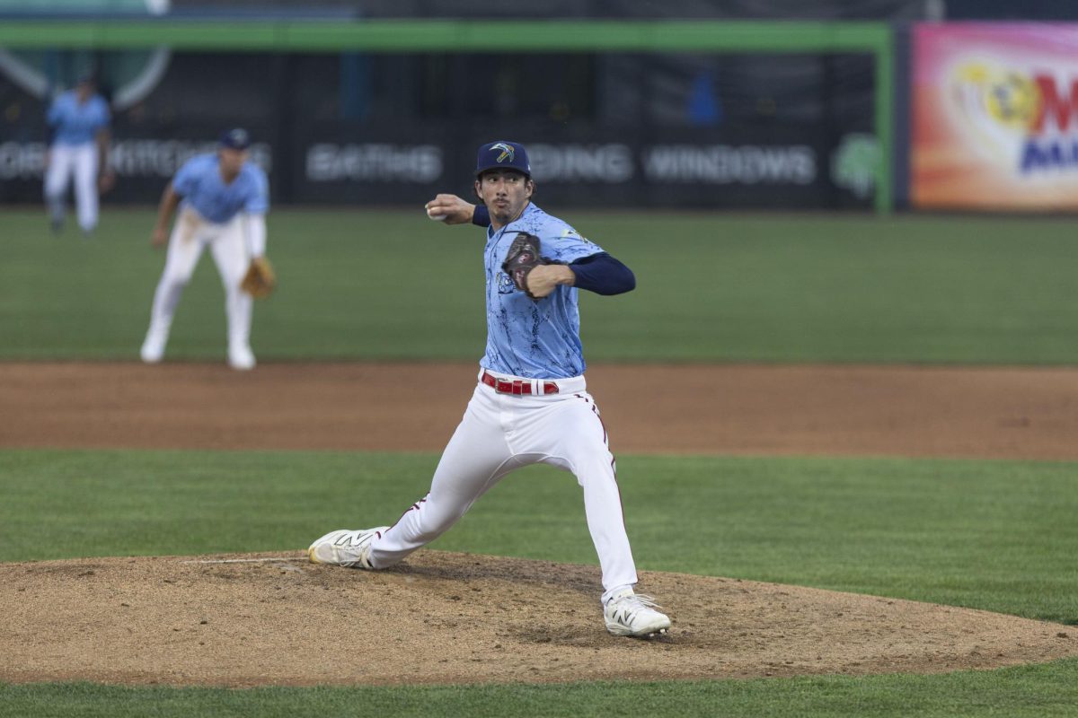 Yoel Tejeda on the mound. Tejeda pitched 4.1 innings and allowed five runs in Game 1 of the week-long series against Hub City. (Ryan Griffith)