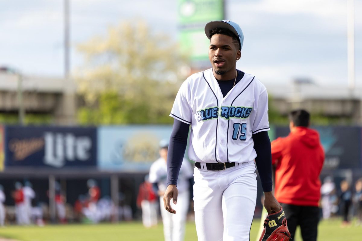 Angel Feliz during pregame warmups. Feliz hit his first High-A home run against the Hub City Spartanburgers. (Photographer / Lydia FitzGerald)