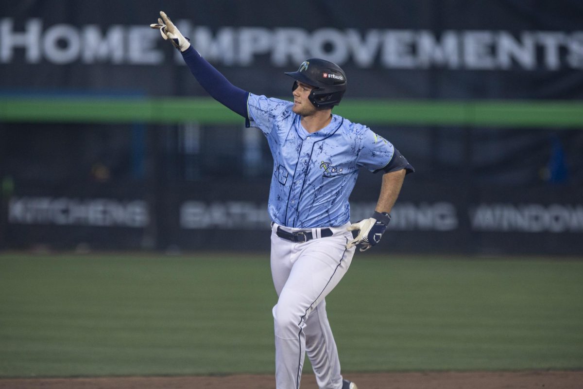 Ethan Petry celebrates after a home run. Petry hit two home runs against the Hub City Spartanburgers. (Photographer / Ryan Griffith)