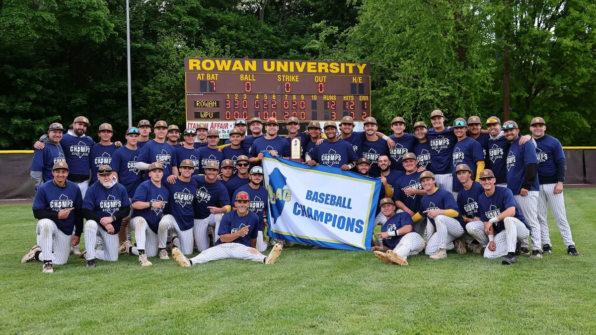 The Profs with their NJAC Champions banner. Glassboro, N.J. Saturday, May 2, 2026. (Rowan Athletics)