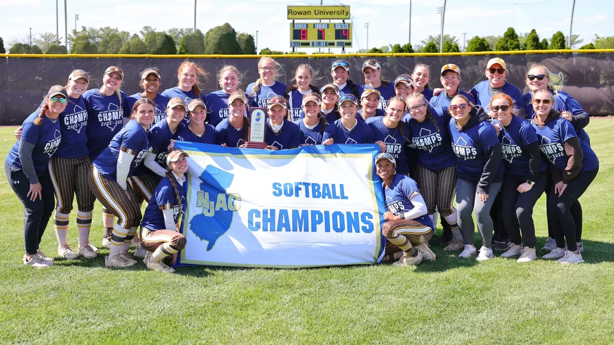 The Profs pose with their NJAC Champions banner. Glassboro, N.J. Sunday, May 3, 2026. (Chris Taylor)